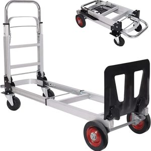 2-in-1 Aluminum Hand Truck Dolly, Folding Convertible Utility Cart with 4 Wheels, 330lbs Capacity Heavy Duty Multi-Position Handtruck Platform Cart