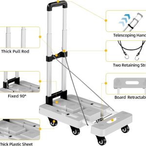 6-Wheel Heavy Duty Folding Hand Truck, 500 lbs Capacity, Adjustable Handle & Base, Portable Dolly with 2 Ropes & Storage Bag (Gray)
