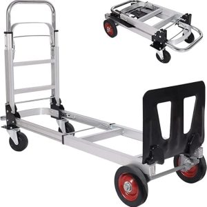2-in-1 Aluminum Hand Truck Dolly, Folding Convertible Utility Cart with 4 Wheels, 330lbs Capacity Heavy Duty Multi-Position Handtruck Platform Cart
