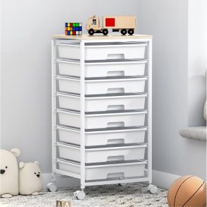 8-Drawer Storage Trolley on Lockable Wheels, Mobile Utility Cart with Plastic Drawers, Multipurpose Organizer, Nature White
