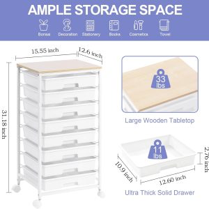 8-Drawer Storage Trolley on Lockable Wheels, Mobile Utility Cart with Plastic Drawers, Multipurpose Organizer, Nature White