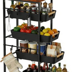 5-Tier Slim Rolling Storage Cart with Pull-Out Baskets, Wood Top, Black