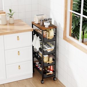 5-Tier Slim Rolling Storage Cart with Pull-Out Baskets, Wood Top, Black