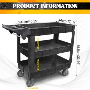 Heavy Duty 3-Tier Plastic Utility Cart, 41″x17″x34″, 550 lbs Load Capacity, Rolling Tool Trolley with Removable Adjustable Shelves