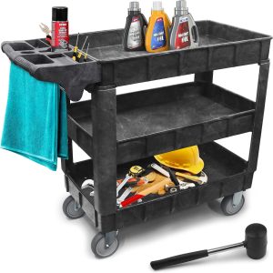 Heavy Duty 3-Tier Plastic Utility Cart, 41″x17″x34″, 550 lbs Load Capacity, Rolling Tool Trolley with Removable Adjustable Shelves