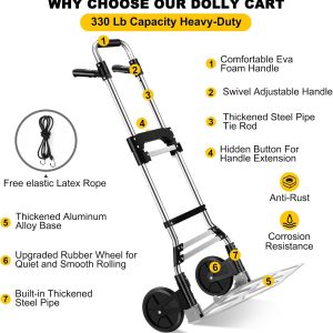 Folding Hand Truck Dolly Cart, 330 LB Capacity, Portable Aluminum with Telescoping Handle and Rubber Wheels
