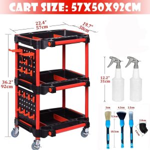 3-Tier Rolling Utility Cart with 2 Tool Hanging Boards, Garage & Workshop Storage