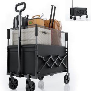 Folding Utility Wagon Cart with Wheels, 120L Capacity, Black