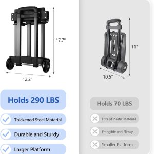 Folding Hand Truck, 155 lbs Heavy Duty Luggage Cart, 4 Wheels Solid Construction, Portable Fold Up Dolly for Travel, Moving and Office Use